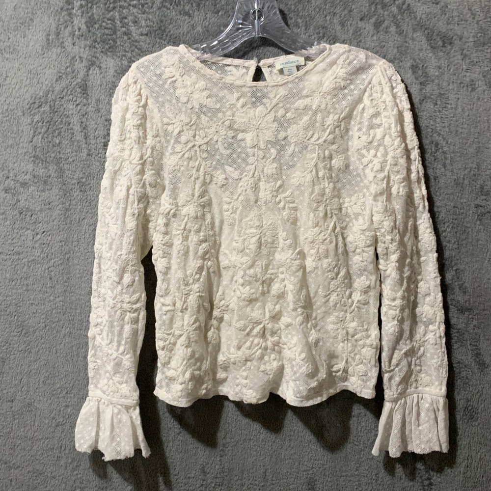 Sundance White Floral Lace Embroidered Ruffle Cuff Blouse Petite Small PS - Picture 2 of 15